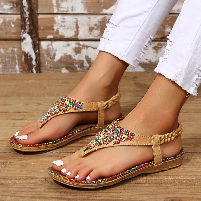 PU Leather Beaded Flat Sandals - V.I.P Digital Presence