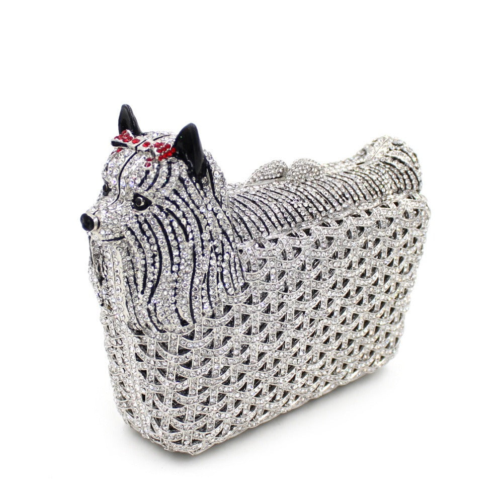 Puppy rhinestone bag, hollow metal crystal dinner bag, handmade diamond inlaid bag, women's hand-held bag - V.I.P Digital Presence