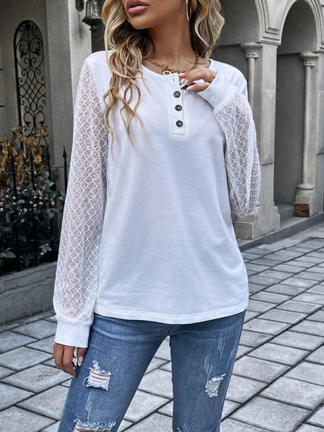 Quarter Button Round Neck Long Sleeve Blouse - V.I.P Digital Presence