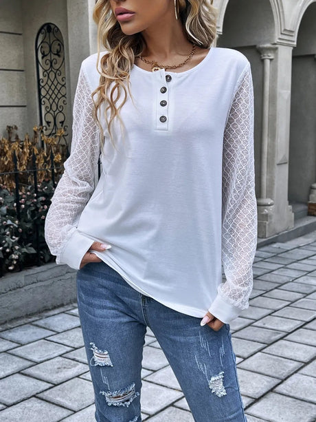 Quarter Button Round Neck Long Sleeve Blouse - V.I.P Digital Presence