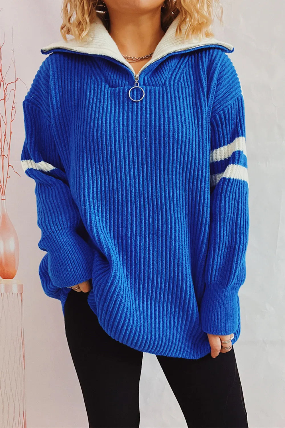Quarter Zip Striped Dropped Shoulder Sweater - V.I.P Digital Presence
