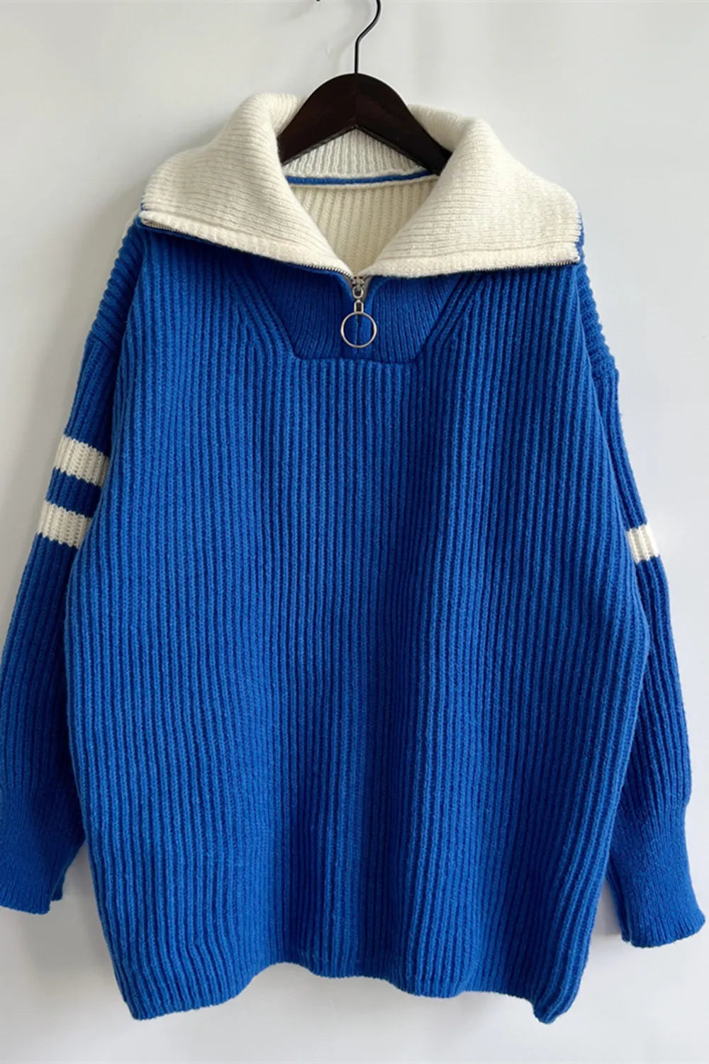 Quarter Zip Striped Dropped Shoulder Sweater - V.I.P Digital Presence