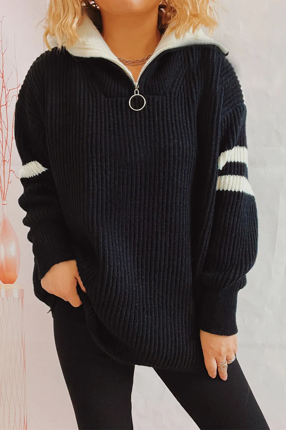 Quarter Zip Striped Dropped Shoulder Sweater - V.I.P Digital Presence