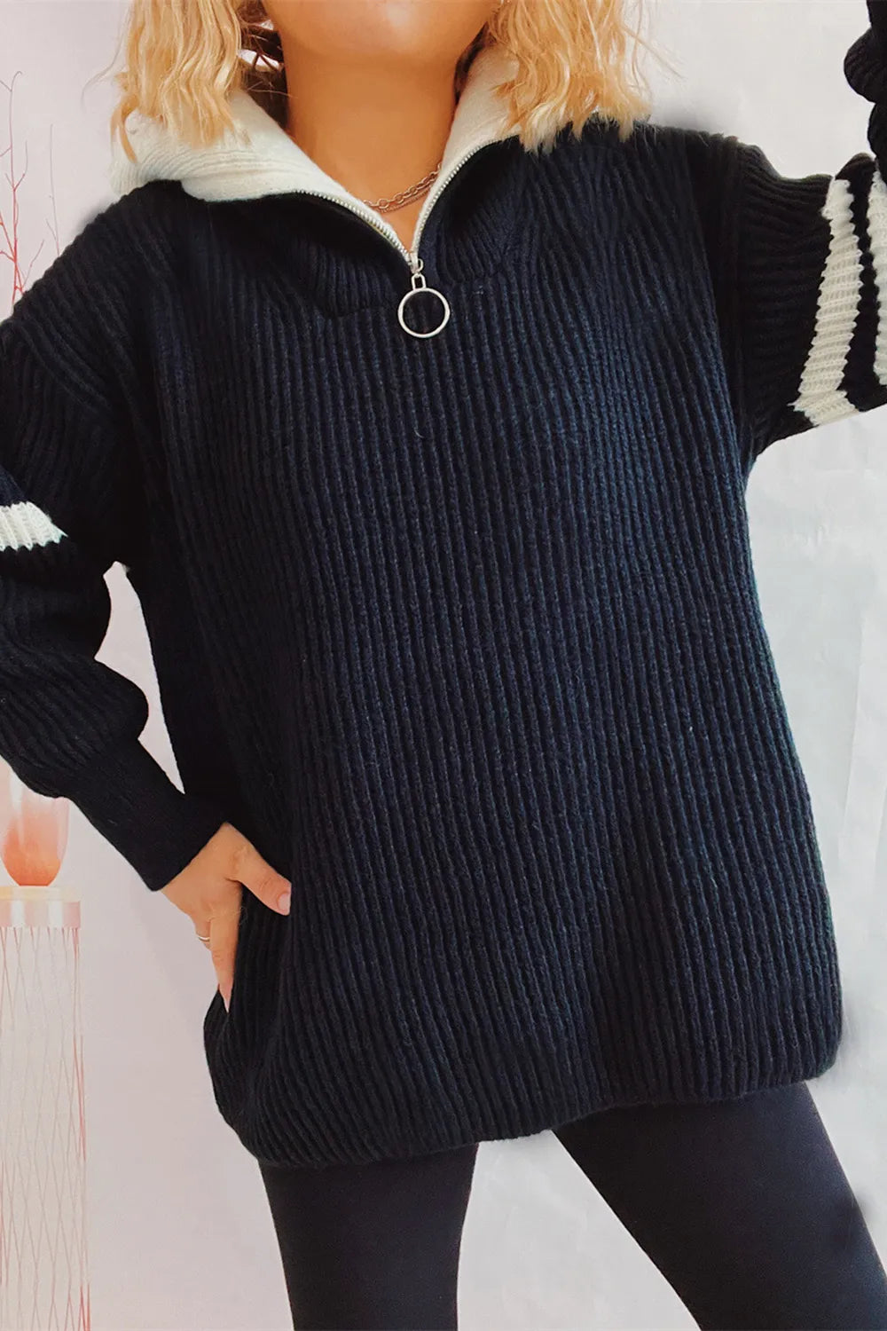 Quarter Zip Striped Dropped Shoulder Sweater - V.I.P Digital Presence
