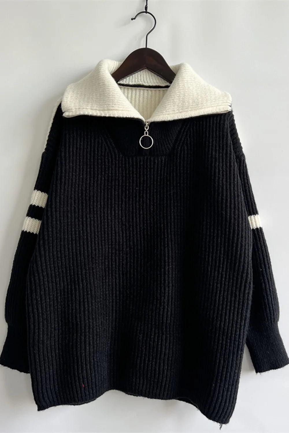 Quarter Zip Striped Dropped Shoulder Sweater - V.I.P Digital Presence