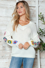 Randomly mixed color hand hook flower splicing V-neck pullover sweater - V.I.P Digital Presence