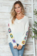 Randomly mixed color hand hook flower splicing V-neck pullover sweater - V.I.P Digital Presence