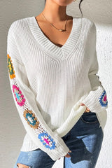 Randomly mixed color hand hook flower splicing V-neck pullover sweater - V.I.P Digital Presence