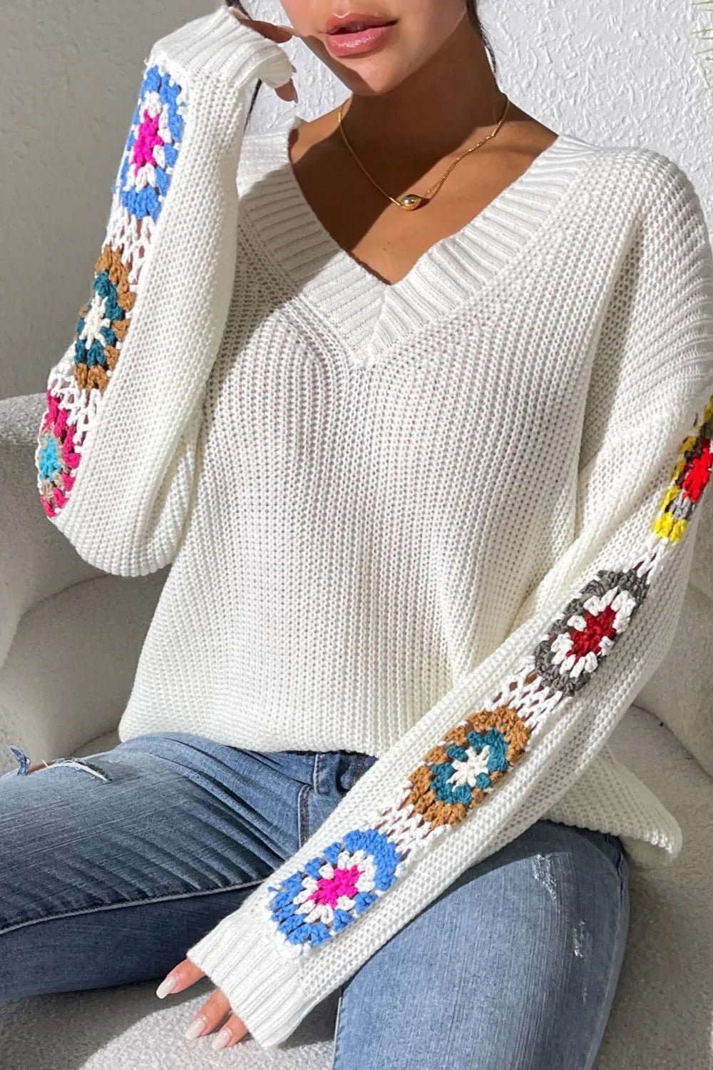 Randomly mixed color hand hook flower splicing V-neck pullover sweater - V.I.P Digital Presence