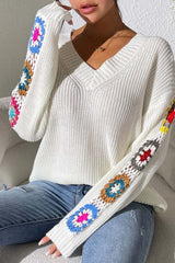 Randomly mixed color hand hook flower splicing V-neck pullover sweater - V.I.P Digital Presence