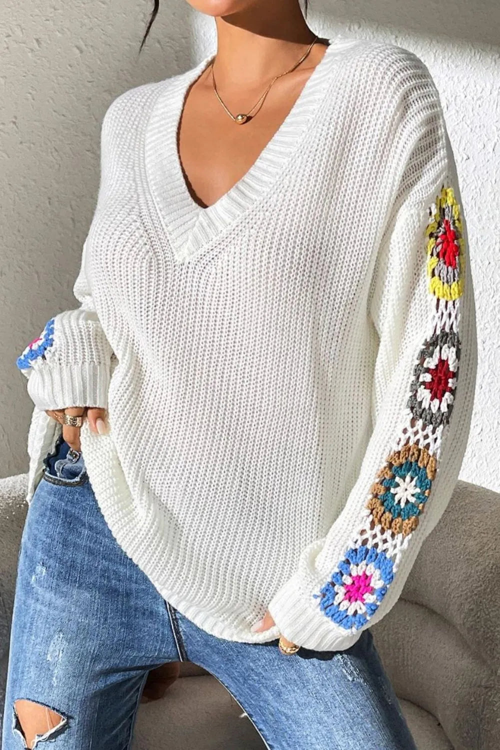 Randomly mixed color hand hook flower splicing V-neck pullover sweater - V.I.P Digital Presence