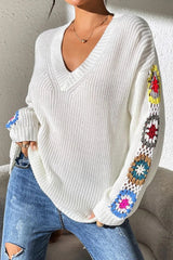 Randomly mixed color hand hook flower splicing V-neck pullover sweater - V.I.P Digital Presence