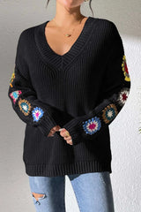 Randomly mixed color hand hook flower splicing V-neck pullover sweater - V.I.P Digital Presence