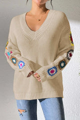 Randomly mixed color hand hook flower splicing V-neck pullover sweater - V.I.P Digital Presence