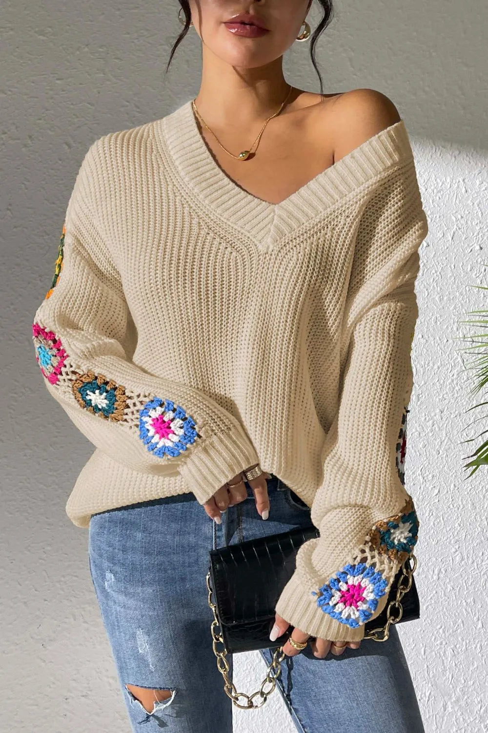 Randomly mixed color hand hook flower splicing V-neck pullover sweater - V.I.P Digital Presence