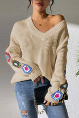 Randomly mixed color hand hook flower splicing V-neck pullover sweater - V.I.P Digital Presence
