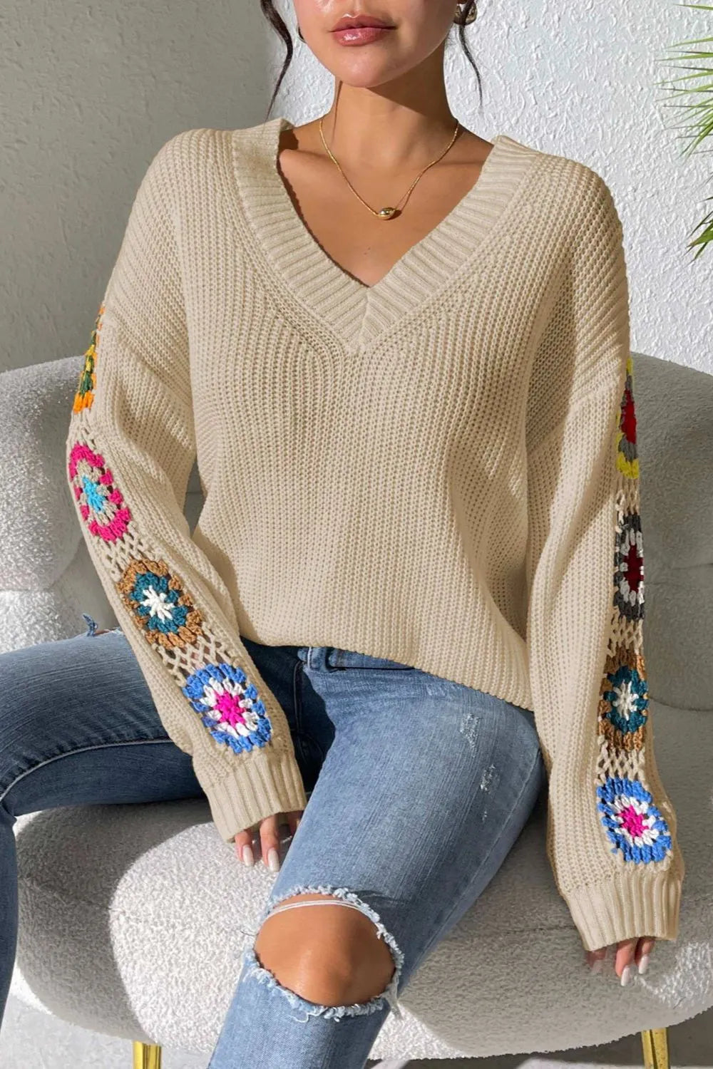 Randomly mixed color hand hook flower splicing V-neck pullover sweater - V.I.P Digital Presence