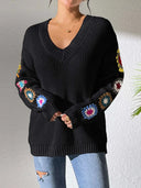 Randomly mixed color hand hook flower splicing V-neck pullover sweater - V.I.P Digital Presence