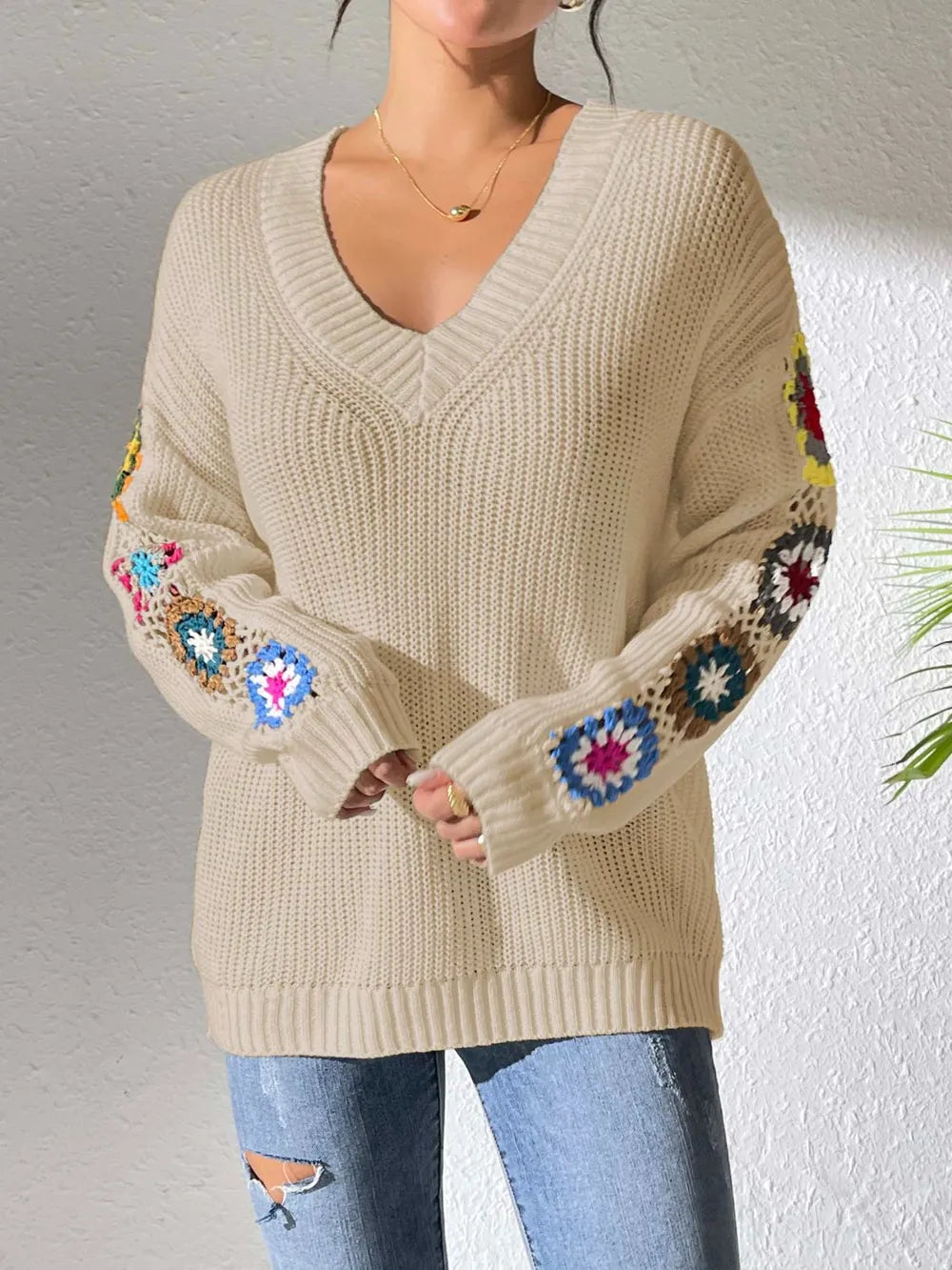 Randomly mixed color hand hook flower splicing V-neck pullover sweater - V.I.P Digital Presence