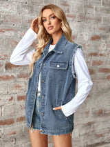 Raw Hem Sleeveless Button Up Denim Jacket - V.I.P Digital Presence
