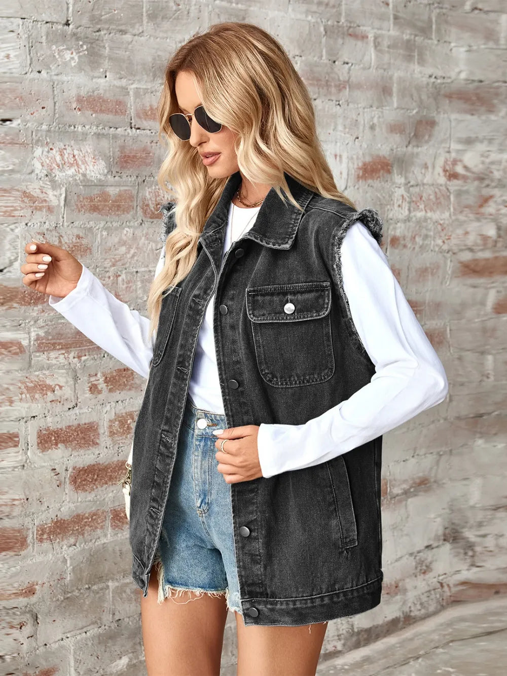 Raw Hem Sleeveless Button Up Denim Jacket - V.I.P Digital Presence
