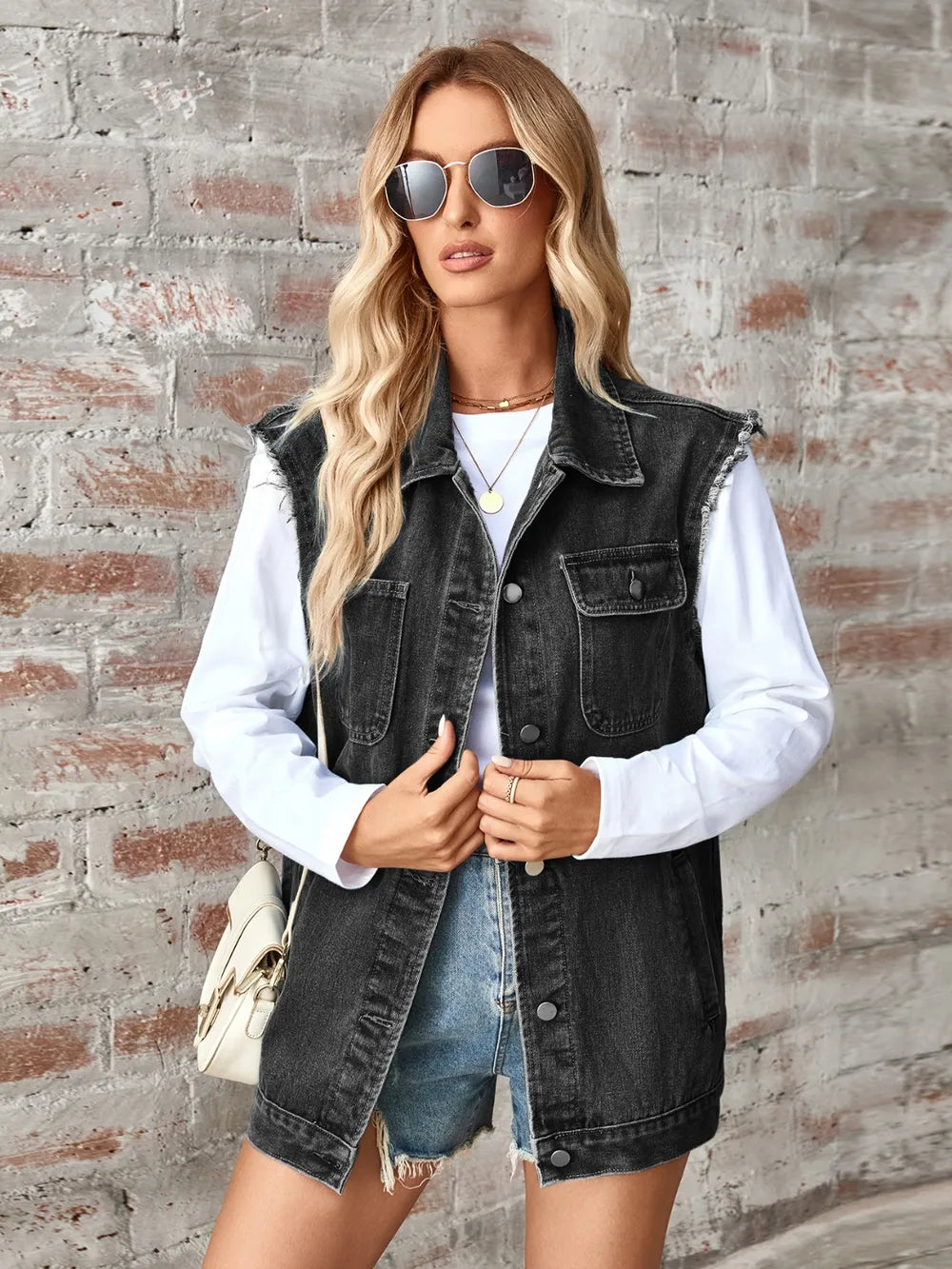 Raw Hem Sleeveless Button Up Denim Jacket - V.I.P Digital Presence