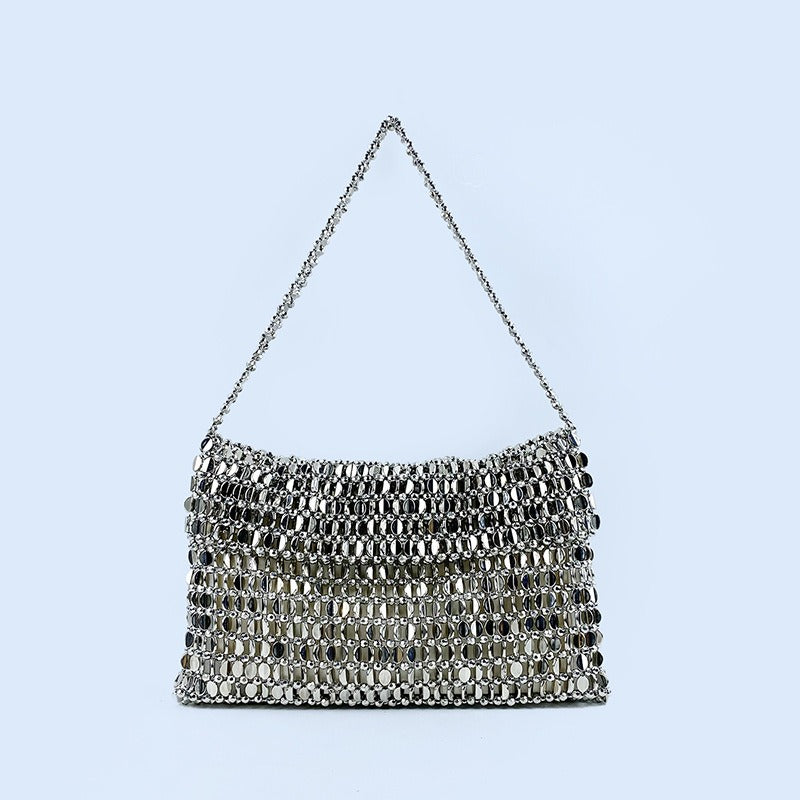 Retro metal sequin silver bag women's bag hand woven high-end feel handbag shoulder and armpit bag - V.I.P Digital Presence