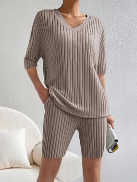 Ribbed V-Neck Top and Shorts Set - V.I.P Digital Presence