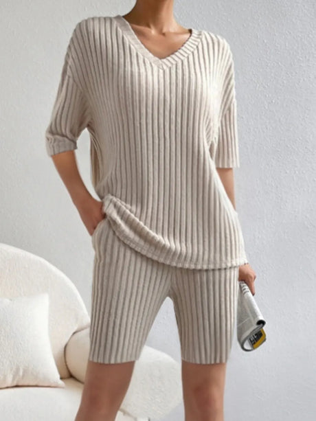Ribbed V-Neck Top and Shorts Set - V.I.P Digital Presence