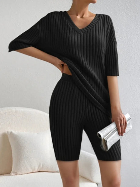 Ribbed V-Neck Top and Shorts Set - V.I.P Digital Presence