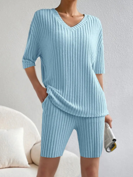 Ribbed V-Neck Top and Shorts Set - V.I.P Digital Presence