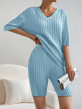Ribbed V-Neck Top and Shorts Set - V.I.P Digital Presence