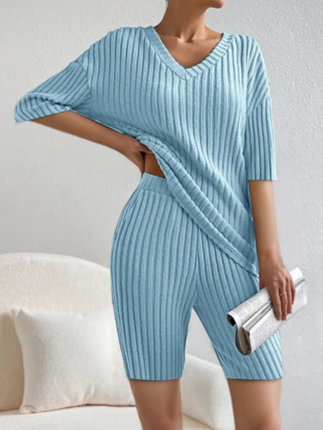 Ribbed V-Neck Top and Shorts Set - V.I.P Digital Presence