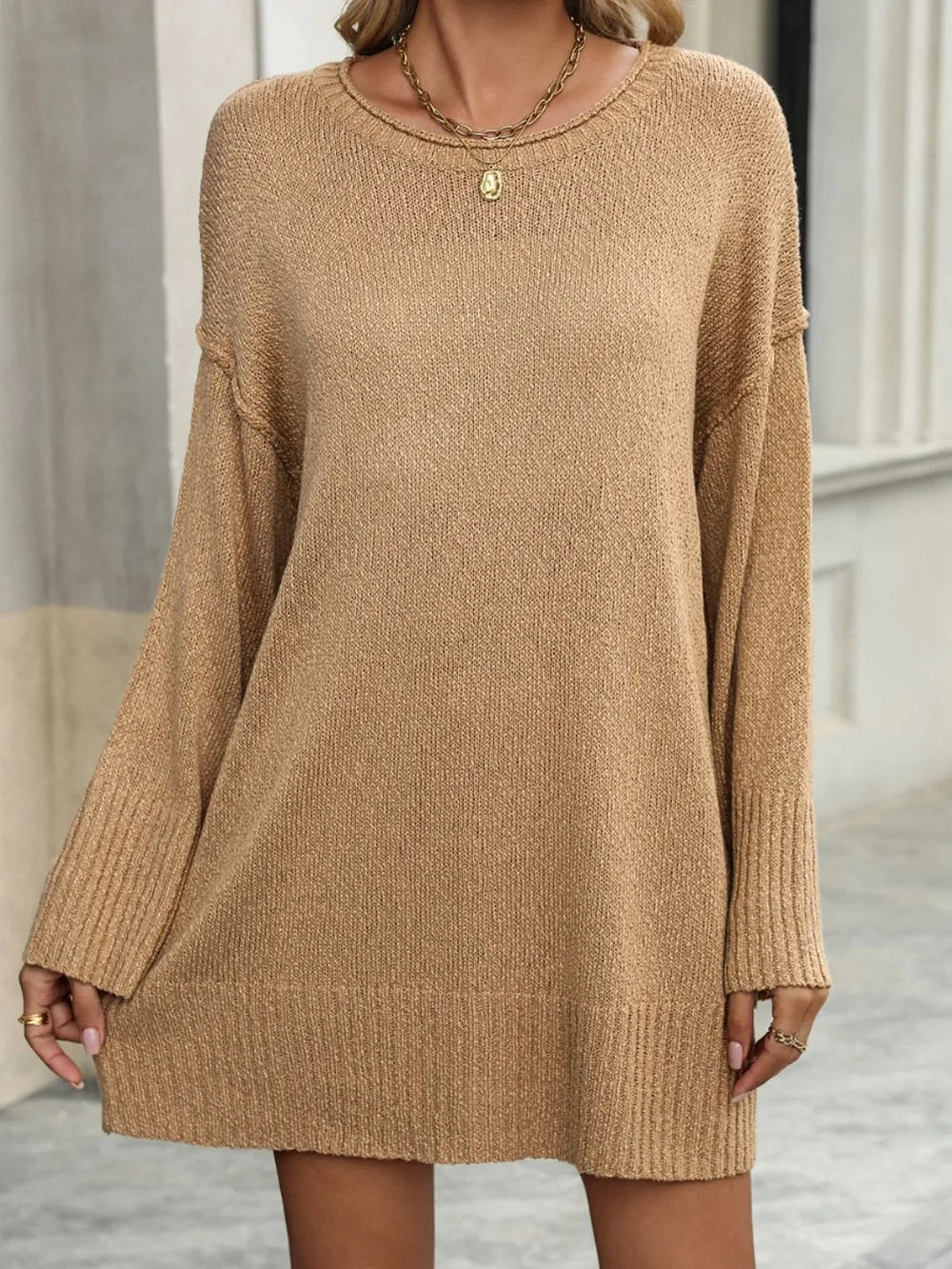 Round Neck Dropped Shoulder Sweater - V.I.P Digital Presence