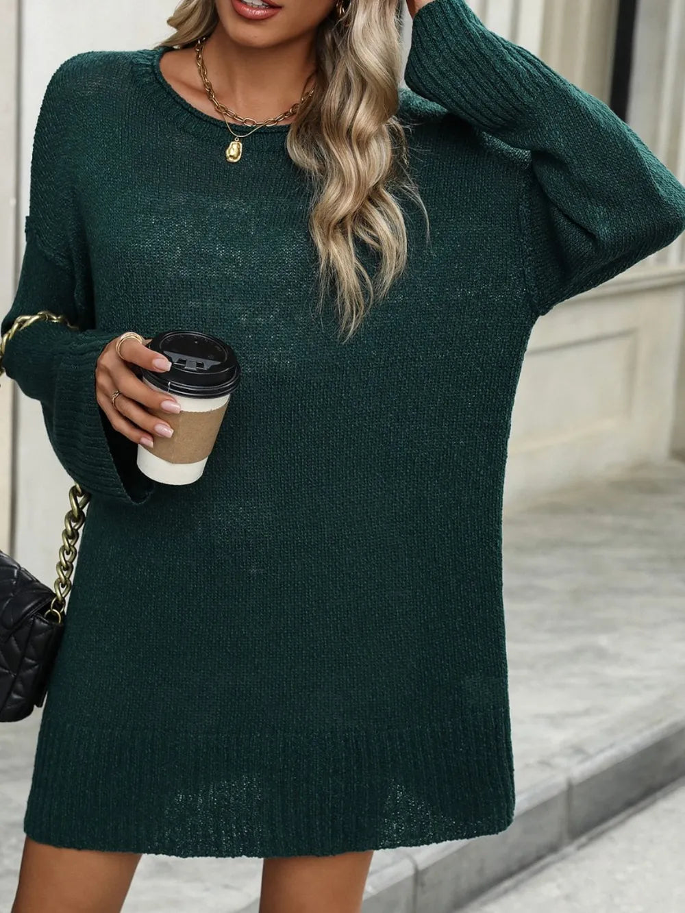 Round Neck Dropped Shoulder Sweater - V.I.P Digital Presence