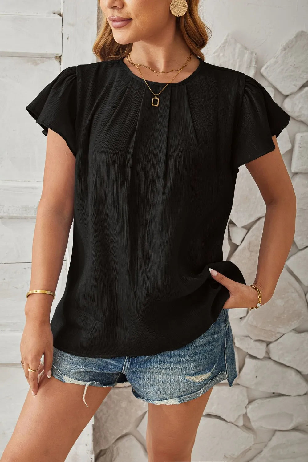 Round Neck Keyhole Cap Sleeve T-Shirt - V.I.P Digital Presence