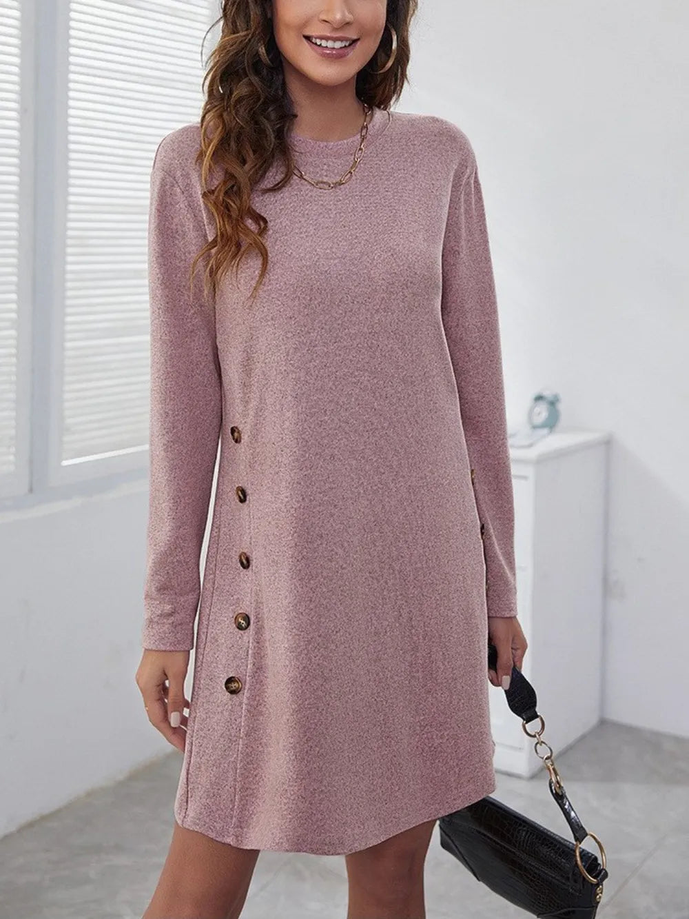 fitted lace wedding dress Textured Round Neck Long Sleeve Mini Dress main image 0