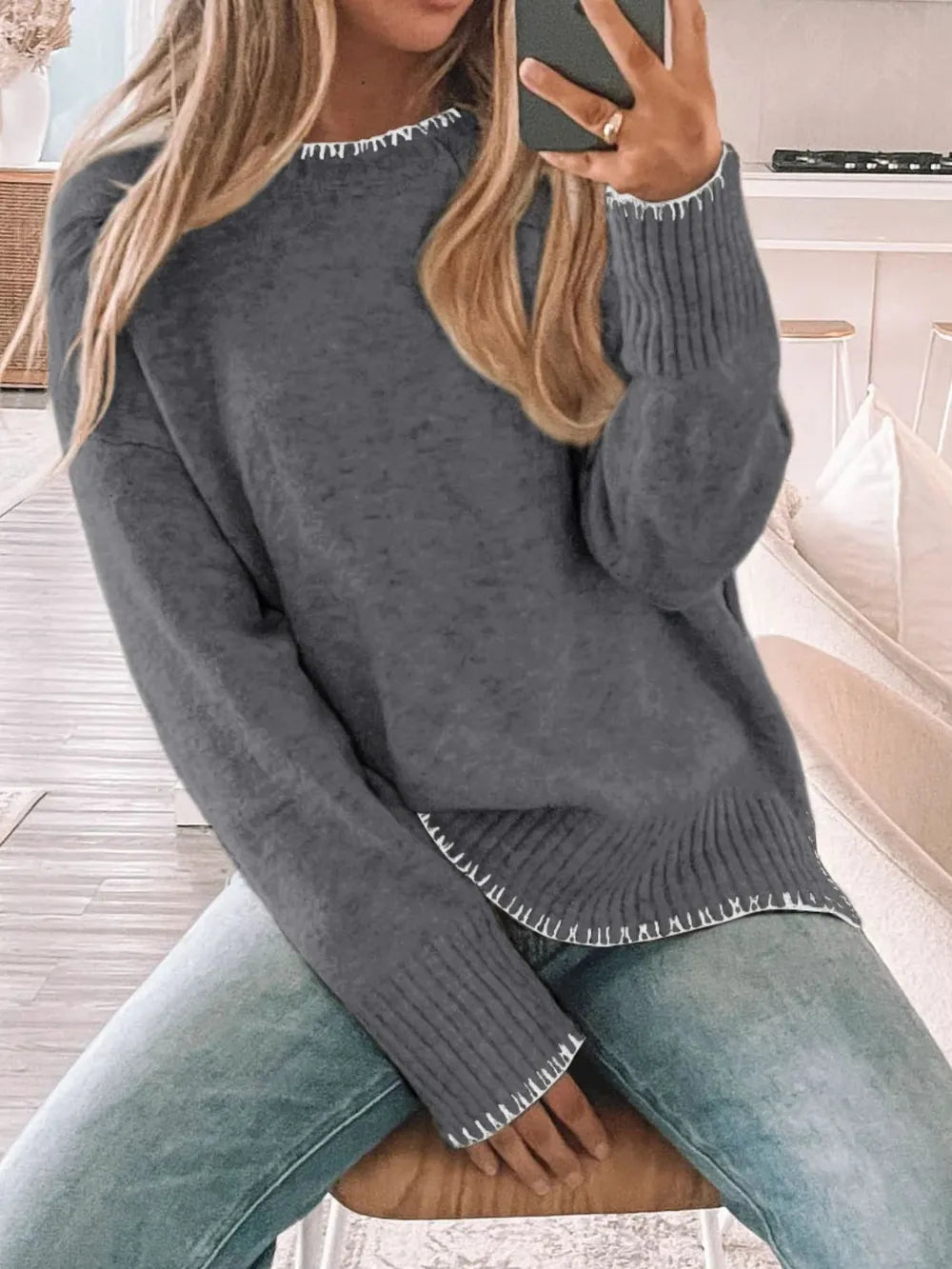 Round Neck Long Sleeve Sweater - V.I.P Digital Presence