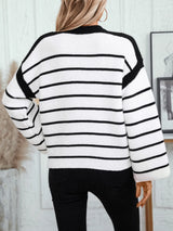 Round neck loose black and white striped pullover long sleeved knitted sweater for women - V.I.P Digital Presence