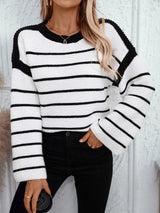 Round neck loose black and white striped pullover long sleeved knitted sweater for women - V.I.P Digital Presence