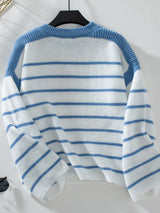 Round neck loose black and white striped pullover long sleeved knitted sweater for women - V.I.P Digital Presence