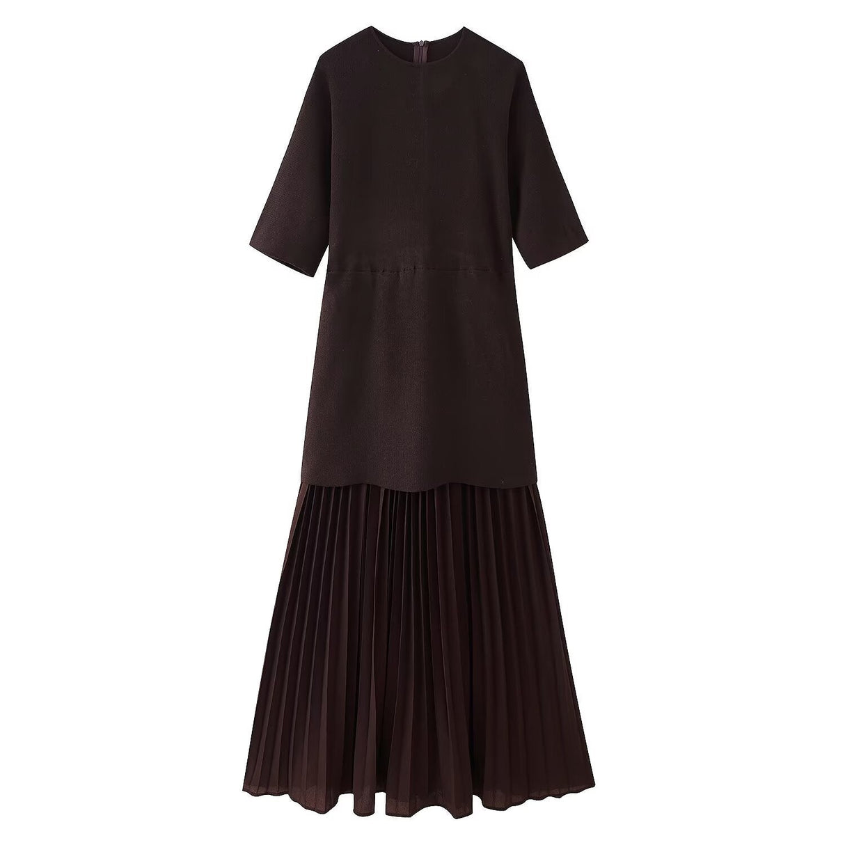 Round neck short sleeved knitted patchwork pleated dress long skirt - V.I.P Digital Presence