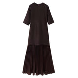 Round neck short sleeved knitted patchwork pleated dress long skirt - V.I.P Digital Presence