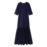 Round neck short sleeved knitted patchwork pleated dress long skirt - V.I.P Digital Presence