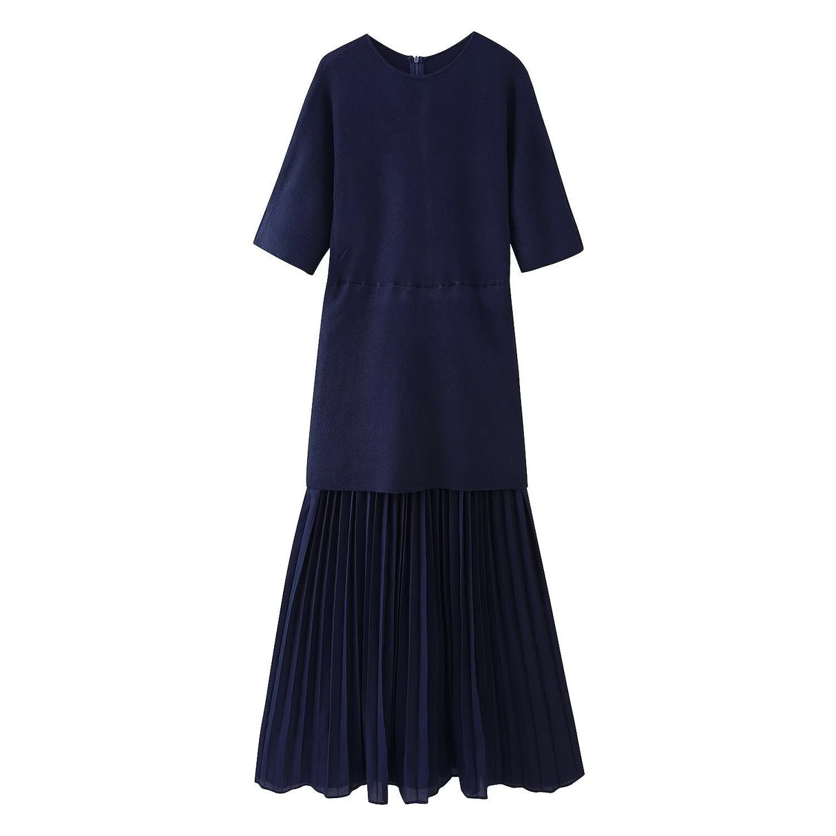Round neck short sleeved knitted patchwork pleated dress long skirt - V.I.P Digital Presence