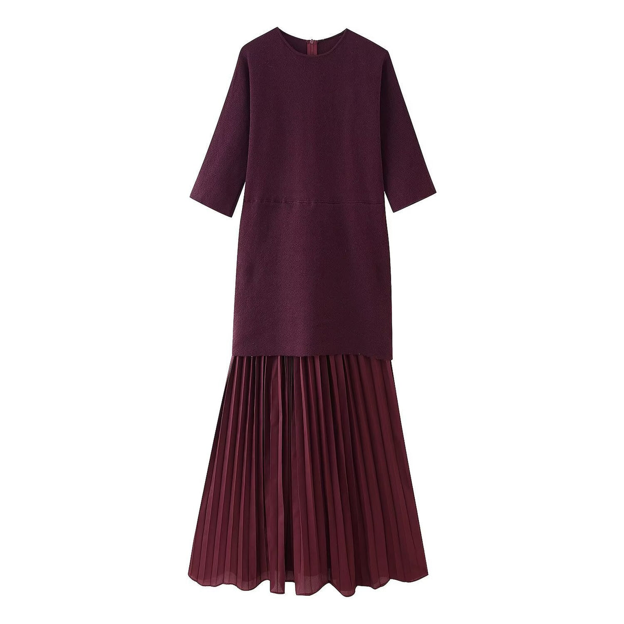 Round neck short sleeved knitted patchwork pleated dress long skirt - V.I.P Digital Presence