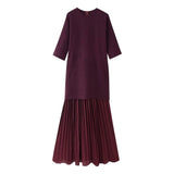 Round neck short sleeved knitted patchwork pleated dress long skirt - V.I.P Digital Presence