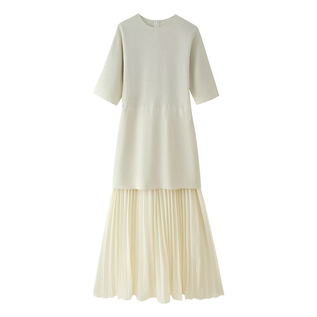 Round neck short sleeved knitted patchwork pleated dress long skirt - V.I.P Digital Presence