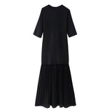 Round neck short sleeved knitted patchwork pleated dress long skirt - V.I.P Digital Presence