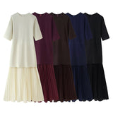 Round neck short sleeved knitted patchwork pleated dress long skirt - V.I.P Digital Presence